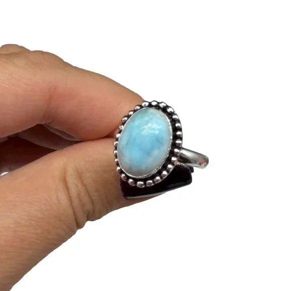 Larimar Ring Size 10 925 Sterling Silver Overlay Natural Stone Blue Oval Boho - Picture 6 of 9